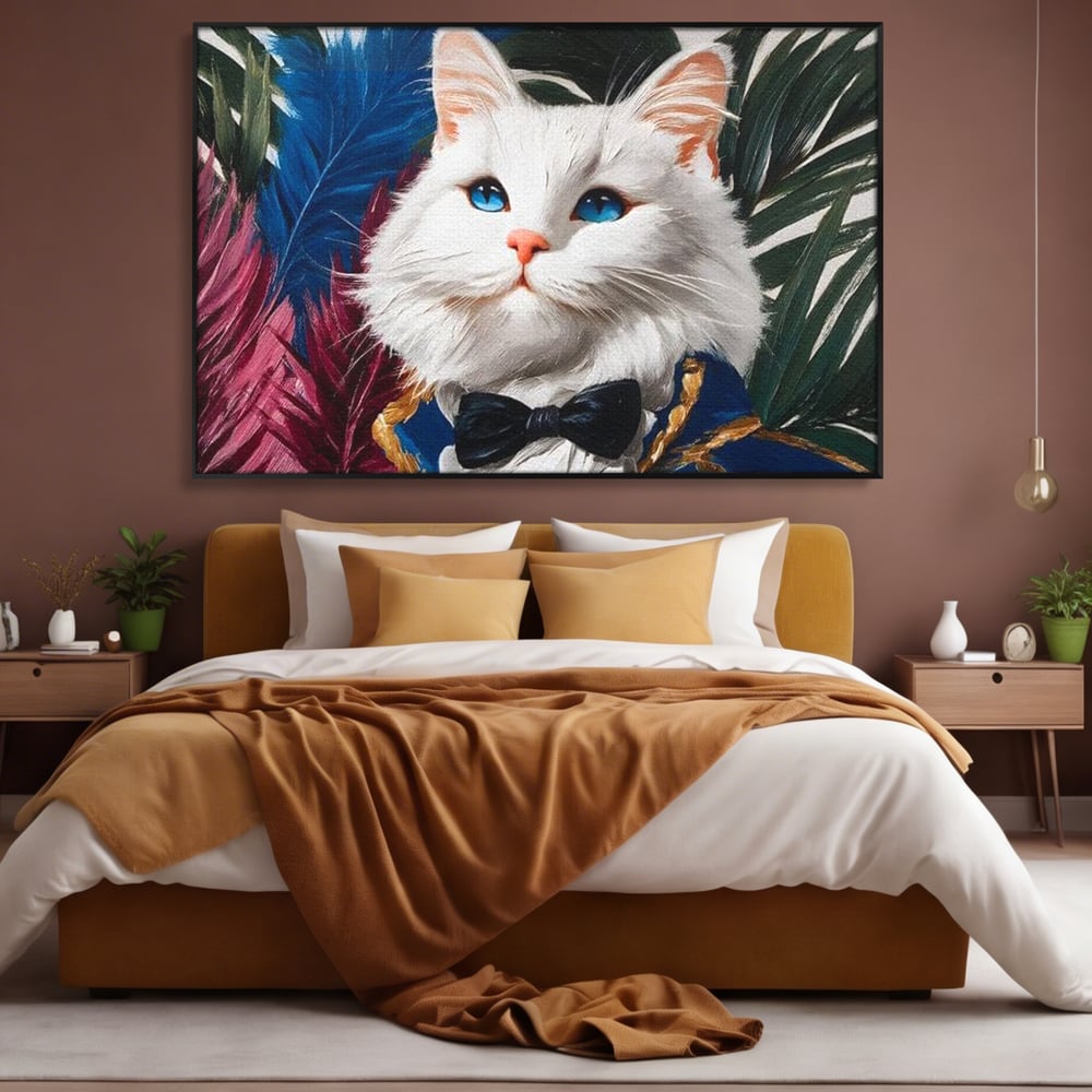 Tablou canvas cu tablou canvas cu pisica in costum, in rama de aluminiu negru, pe perete intr-un dormitor